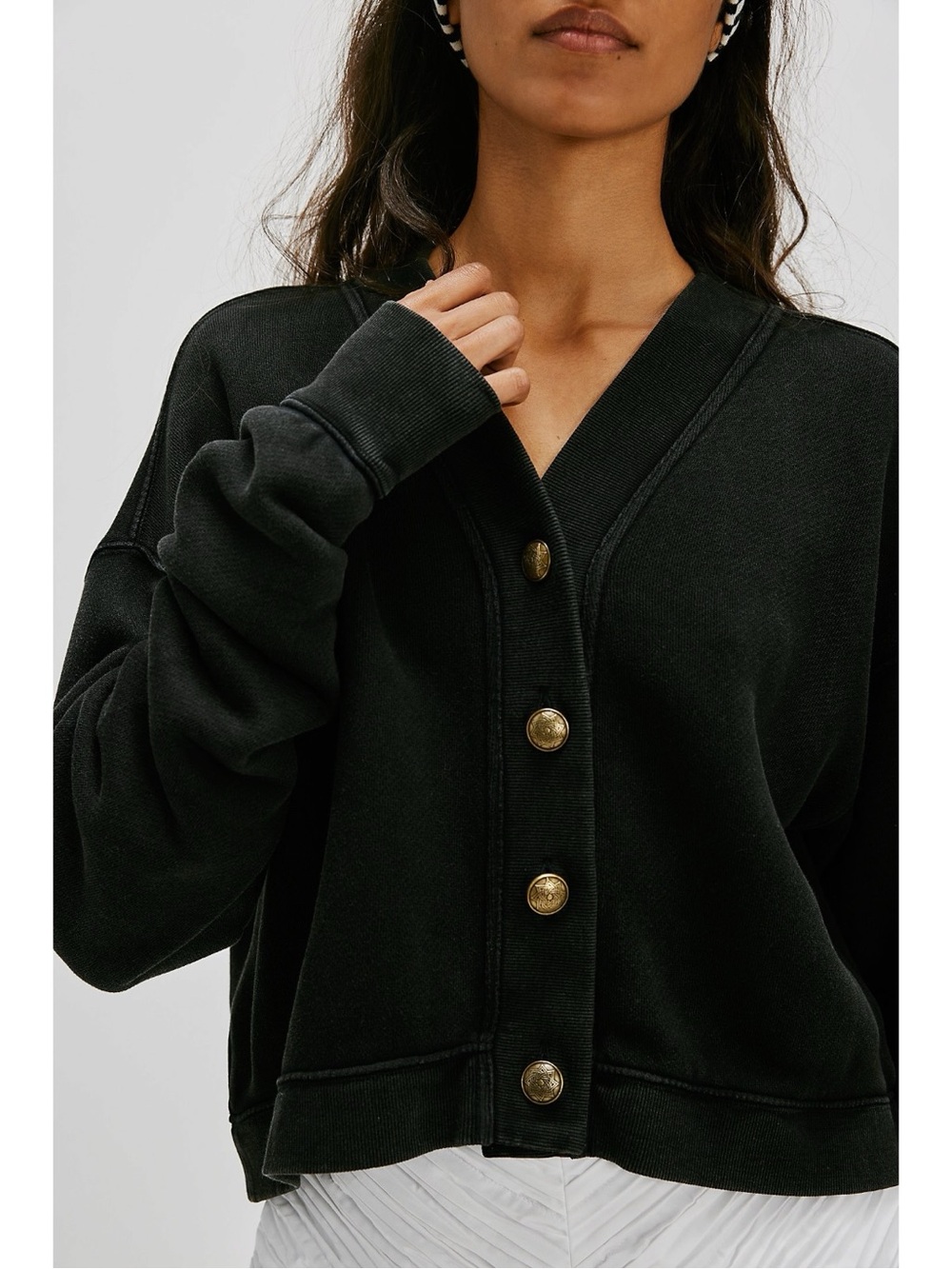 Free People Grace Cardi in Black Large  NWT Cardigan Sweatshirt Sweater Preppy - Picture 5 of 12